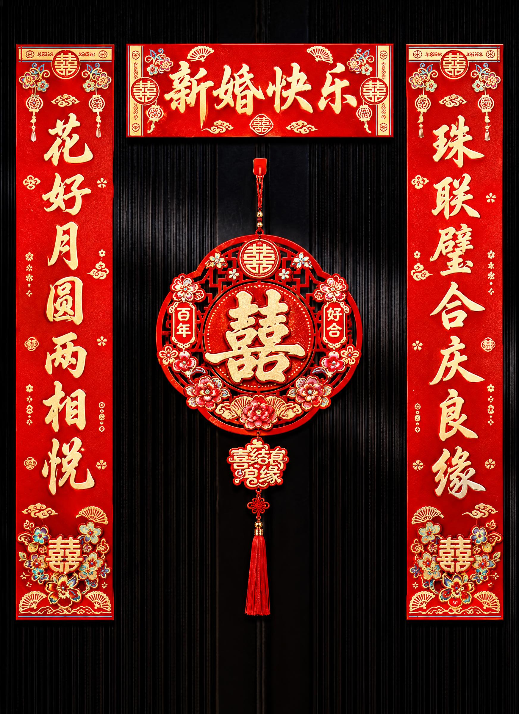 参考图中的中式结婚对联套装风格，重新生成画面内容：保持红底烫金… - 图片创意预览