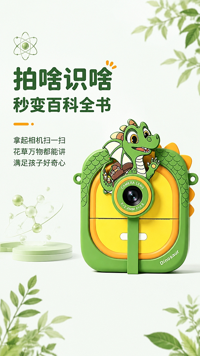 使用商品详情页技能根据商品图「图片1」「图片1」生成详情页，参考图为「图片1」「图片1」，商品名称为AI智能打印相机，卖点为拍照打印+互动学习 AI智趣互动打印相机拍照打印玩不停还能边玩边涨知识，适配平台为1688，图片比例为9:16，需求屏数为8张，色调总体为浅色调为主
