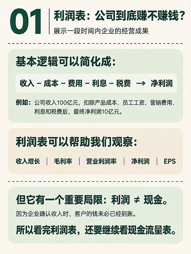 小红书知识页，极简整洁风格，米白色背景，墨绿色主文字，浅绿/浅米圆角卡片。顶部左侧超大墨绿色数字"01"，右侧竖线分隔，右侧上方粗黑大标题"利润表：公司到底赚不赚钱？"，下方小字副标题"展示一段时间内企业的经营成果"。标题下方一条墨绿色虚线分隔线。然后是第一个浅绿圆角卡片：顶部粗体"基本逻辑可以简化成："，下方公式样式"收入 − 成本 − 费用 − 利息 − 税费 → 净利润"，下方正文"例如：公司收入100亿元，扣除产品成本、员工工资、营销费用、利息和税费后，最终净利润10亿元。"。接着是浅米色圆角卡片：顶部粗体"利润表可以帮助我们观察："，下方用竖线分隔的关键词："收入增长｜毛利率｜营业利润率｜净利润｜EPS"。再一条墨绿色虚线分隔。底部是浅绿圆角卡片：顶部粗体"但它有一个重要局限：利润 ≠ 现金。"，正文"因为企业确认收入时，客户的钱未必已经到账。"，最后一行粗体加大"所以看完利润表，还要继续看现金流量表。"。整体无多余装饰，字体层级分明。版式精美，小红书笔记内页质感。