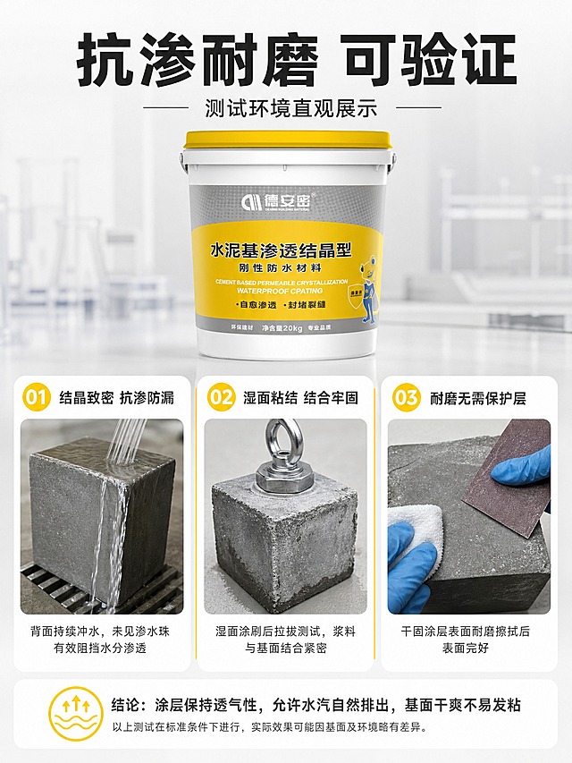 [商品] 使用【图1】作测试页参照物放于页面上方，保留白色桶身与黄色标签文字，不做改写。
[画面] 页面目标为功能测试证明，三栏并列测试画面：第一栏混凝土试块完成涂刷后背面持续冲水，背水面无渗水珠，标注“结晶致密 抗渗防漏”；第二栏湿面涂刷后的试块做拉拔展示，浆料与基面结合紧密，标注“湿面粘结 结合牢固”；第三栏干固涂层表面用砂纸与抹布擦拭后表面完好，标注“耐磨无需保护层”；三栏下方一行结论条补充透气干爽说明，栏间明黄细线分隔。
[视觉] 套系策略：风格=国内电商专业建材工业风；标题字=粗黑体；正文字=常规黑体；主色=浅灰白渐变；背景延展=浅灰白做深浅层级与同色渐变；强调色=明黄仅用于标签、引线与序号；标题色=深炭灰；正文色=中灰；组件=圆角白底信息卡、细线引线；光影=实验室式明亮均匀光，水流与试块质感真实，不夸张。
[文字] 顶部主标题“抗渗耐磨 可验证”，副标题“测试环境直观展示”，三栏标注与结论横排小字，不出现夸大承诺与绝对化用语。
[规格] 图片比例3:4竖版，分辨率4K，负向：变形、错字、文字过小、竖排文字、夸大效果、水花飞溅、水印、平台Logo。
