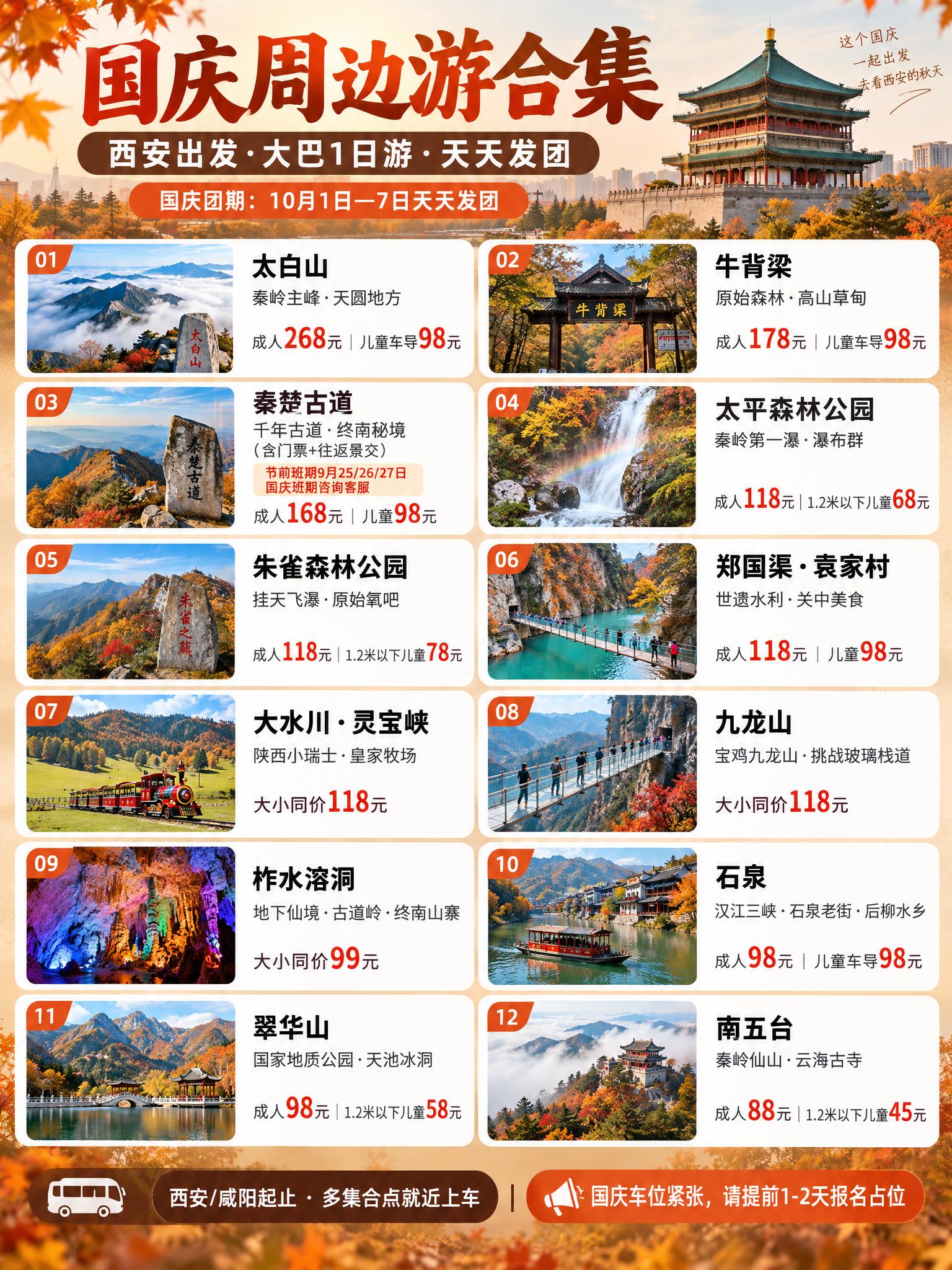 3:4竖版小红书引流海报，西安国庆一日周边游线路合集，12条线… - 图片创意预览