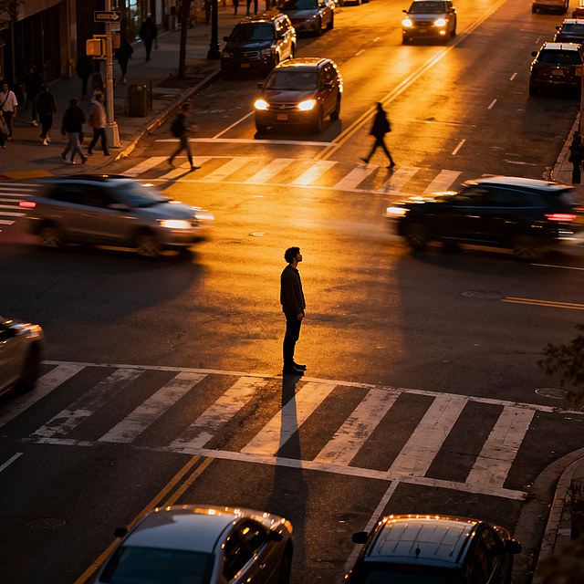 黄昏时分，一个人独自站在车水马龙的十字路口中央，脚步停滞，眼神茫然地看向四周交错的道路，周围是匆匆路过的行人和穿梭的车辆，暖黄色的路灯灯光笼罩着他，身影显得孤单又迷茫，整体氛围带着怅然的疏离感