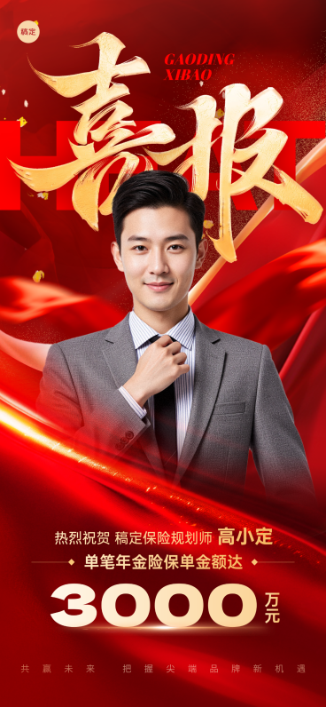 金融业绩个人销售喜报红金竖版海报预览效果