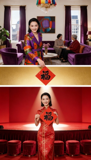 【上层场景，占比45%】：客厅（参考图3） 。身穿紫色+橙色的拼接时尚质感高级定制高定服饰（参考图2）的高级亚洲模特（参考图3），她大眼睛双眼皮，长相很时髦，微笑，齐肩短发大背头，和亲人坐在沙发上聊天预览效果