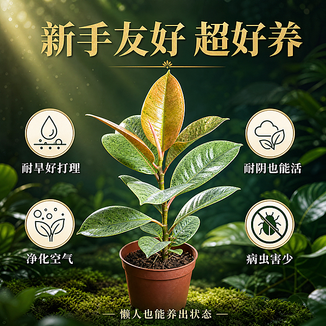 [主图-5] 养护简单好养卖点图 强调雀斑小姐皮实易活 新手友好
[统一基调] 高端雨林森系风格 深墨绿与翡翠绿渐变主背景 金色与米白辅助色 衬线粗体大标题 轻奢高级质感 自然光从左上方斜射 丁达尔光束效果
[画面] 雀斑小姐橡皮树放在画面中央 主体占画面50% 45°视角 植株健康茂盛 叶片饱满有光泽 周围环绕四个圆形图标卡片 分别代表四大养护优势 耐旱 耐阴 净化空气 病虫害少 每个图标是简约的线条风格 金色边框 背景是虚化的雨林植物叶片 有柔和光斑 整体传达好养易活的信息 让新手买家放心
[光影质感] 商业产品摄影质感 柔和均匀的自然光 叶片鲜亮有活力 整体氛围清新有生命力 图标卡片有轻微悬浮感和投影
[配色] 背景翡翠绿渐变 图标卡片米白底金色边框 图标深绿色 标题金色 叶片颜色鲜艳真实 整体清新有活力
[文字版式] 顶部金色衬线大标题「新手友好 超好养」 下方四个圆形图标环绕植株 图标下方配白色文字 「耐旱好打理」「耐阴也能活」「净化空气」「病虫害少」 底部小字「懒人也能养出状态」 文字布局均衡 不遮挡主体
[输出要求] 1:1正方形 2048px 文字清晰 图标精致 负向：变形 错字 模糊 水印 平台Logo 人物 夸张特效