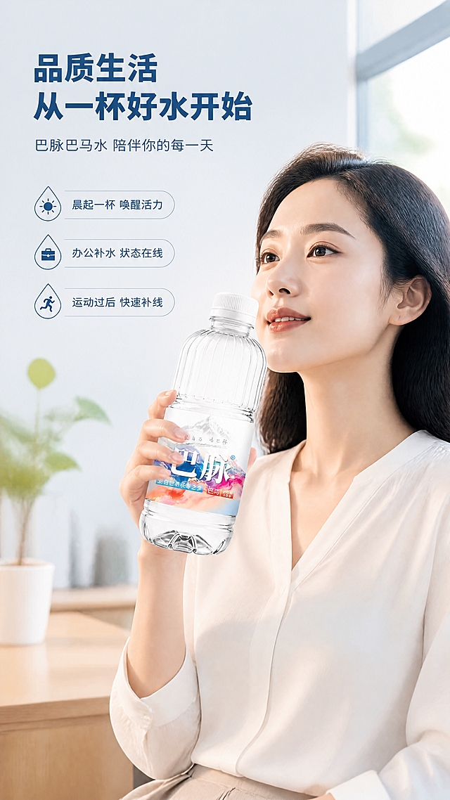 [商品] 使用【图1】巴脉巴马水瓶装饮用水；保留瓶身全部结构、颜色、Logo与标签文字，由模特手持，瓶身标签正面朝向镜头，清晰完整。
[画面] 模特生活方式型，目标是展现品质生活场景下的自然饮用时刻。画面主体为一位亚洲都市女性（25-35岁，气质优雅，简约穿搭），站在明亮的现代简约家居窗边，右手自然持握巴脉水瓶，正准备饮用或刚喝完放下的自然状态。产品占画面约45%，位于视觉中心。背景为虚化的现代客厅/书房，有绿植、原木书桌、柔和自然光从窗户洒入。整体氛围轻松、健康、有品质感。前中后景：前景水瓶与手部，中景模特上半身，后景虚化的室内空间与窗光。
[视觉] 套系策略：风格=高端天然水饮商业摄影风，清透自然有质感；标题字=现代简约无衬线粗体，字重偏厚重；正文字=纤细优雅无衬线体；主色=清透冰川蓝；背景延展=基于冰川蓝做深浅层级，室内场景以暖白与浅木色为主，与品牌冷调主色形成冷暖平衡；强调色=品牌彩墨渐变中的珊瑚红与靛蓝，仅用于小面积标签和图标点缀；标题色=深靛蓝；正文色=中灰蓝；组件=圆角半透明信息卡、细蓝线引线、水滴形图标；光影=右侧窗户自然光，柔和侧逆光，人物发丝有轮廓光，瓶身有明亮高光，整体温暖通透。
[文字] 画面左上主标题"品质生活 从一杯好水开始"，副标题"巴脉巴马水 陪伴你的每一天"，下方3个生活场景短句：「晨起一杯 唤醒活力」「办公补水 状态在线」「运动过后 快速补充」。文字位于左上留白区，不遮挡人物与产品主体，所有文字横向排版，字号手机端可读。
[规格] 图片比例9:16竖版，4K，负向提示：避免模特面部僵硬、瓶身变形、标签文字错误、医疗功效宣称、极限词、欧美面孔、画面昏暗。