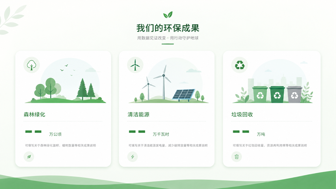 简约风格环保网页数据展示板块设计，三张环保成果数据卡片横向排列，每个卡片配一张小型环保主题图片，下方预留数据文字区域，绿色简约设计预览效果