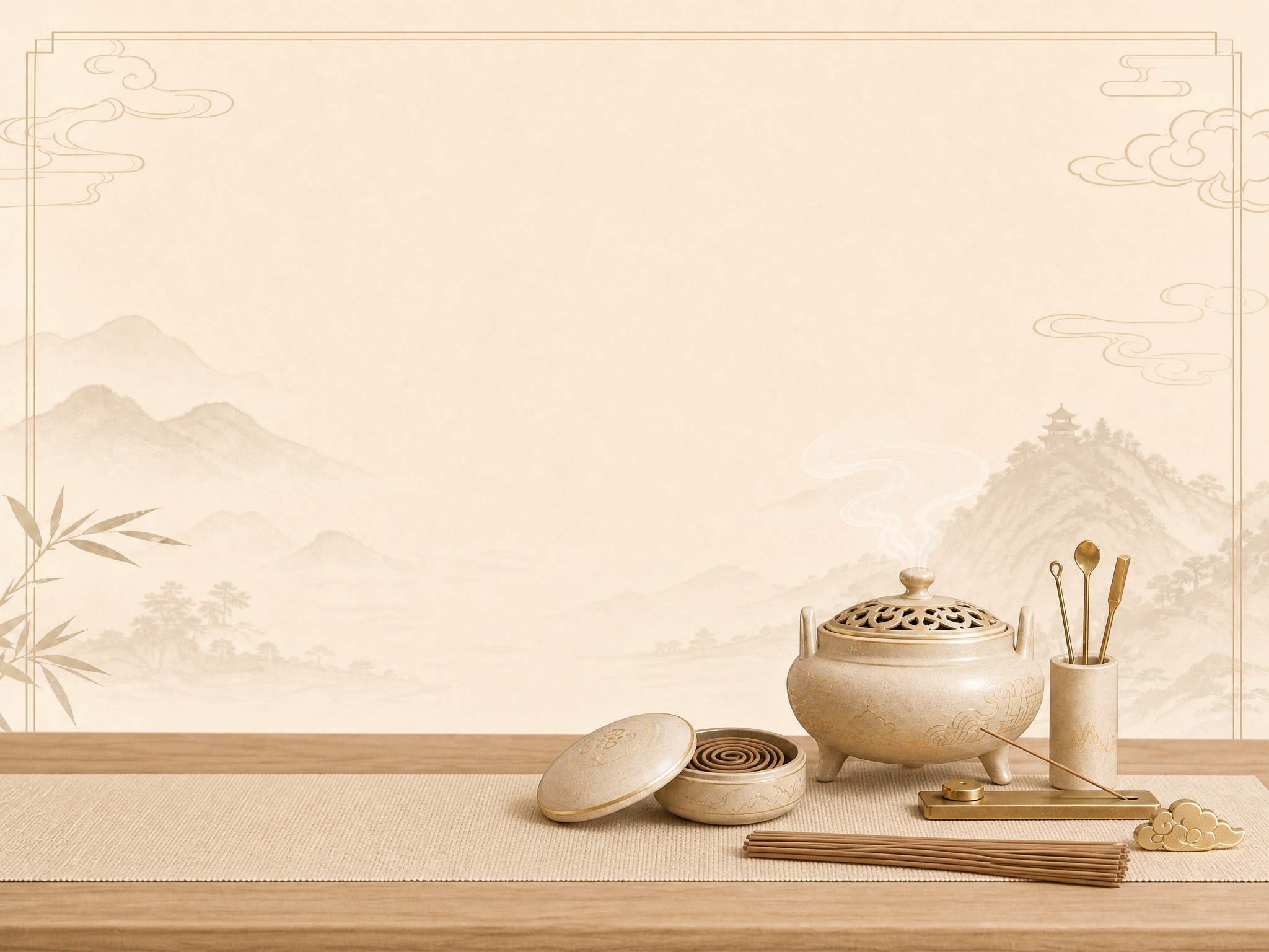 将画面中的香道物品（香炉、香具、线香等）全部移动集中到画面右下… - 图片创意预览
