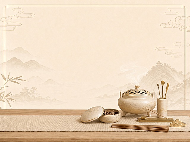将画面中的香道物品（香炉、香具、线香等）全部移动集中到画面右下角区域，左上角和中间区域留出大量空白。去除画面中所有的文字（包括标题文字和物品上的文字），只保留纯视觉画面。保持原有的新中式暖米色风格、山水云纹背景和整体雅致禅意的氛围不变。