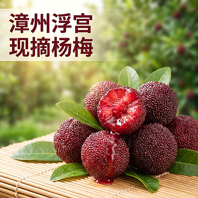 [主图 1] 漳州浮宫杨梅新鲜水果首图。
[氛围风格] 自然新鲜清新，杨梅果园户外场景感；
[画质] 商业摄影质感、光线柔和通透、产品清晰真实、画面干净高级，文字占比<30%。
[元素] 一串带叶新鲜漳州浮宫杨梅放在青竹做的凉垫上，果实圆润饱满，深红发紫，表面布满晶莹小果刺，一颗杨梅被咬开一口，露出红嫩多汁的果肉，汁水顺着果肉流淌。背景是虚化的绿色杨梅果园，层次丰富。商品主体占比严格控制在 60%-80% 之间，画面满屏无边框，不出现人物和包装价格。
[光影] 自然暖阳逆光从斜后方照射，穿过果肉凸显通透感，果实光泽诱人，阴影柔和，高光自然，整体通透不灰蒙。
[配色] 主色调为杨梅自然深红色，搭配清新绿色背景，色彩浓郁明快。
[视角构图] 平视视角，景深适中，前景主体清晰，背景虚化突出产品。
[文字版式] 左上负空间左对齐留安全边距，主标题 "漳州浮宫 现摘杨梅" 深红色粗体无衬线最大号，浅色半透明背景块衬托文字，文字清晰醒目，不遮挡产品主体，文字占比符合要求。
[比例分辨率] 1:1 比例，文字清晰锐利，画面超高清。
[负向提示词] 人物，包装，价格，变形，水印，文字错乱，产品模糊，背景杂乱，文字占比过大
