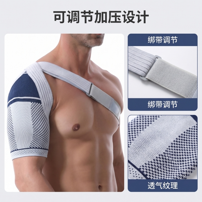 [主图 2] 运动护肩核心结构卖点展示。
[氛围风格] 专业清晰产品展示风，突出结构优势
[画质] 商业摄影质感、光线柔和通透、产品清晰真实、画面干净高级
[元素] 左侧展示完整穿戴好的运动护肩整体外预览效果