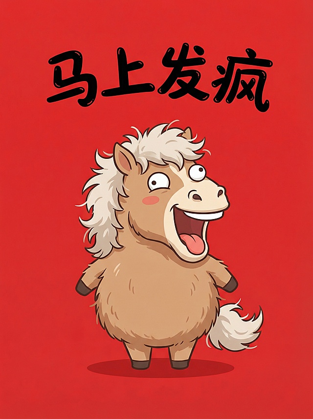 卡通风格插画，拟人化小马萌趣十足，毛发生长细节生动，喜庆红底搭配“马上发疯”谐音梗，充满节日欢乐氛围。