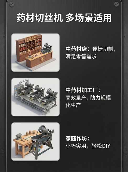 [药材切丝机详情页第四屏] 保持之前统一的工业简约风格，整体3:4竖版，内容为适用场景展示，展示产品适合中药材店、中药材加工厂、家庭作坊等多场景使用，每个场景配小示意图和文字说明，从上到下排版，背景深预览效果