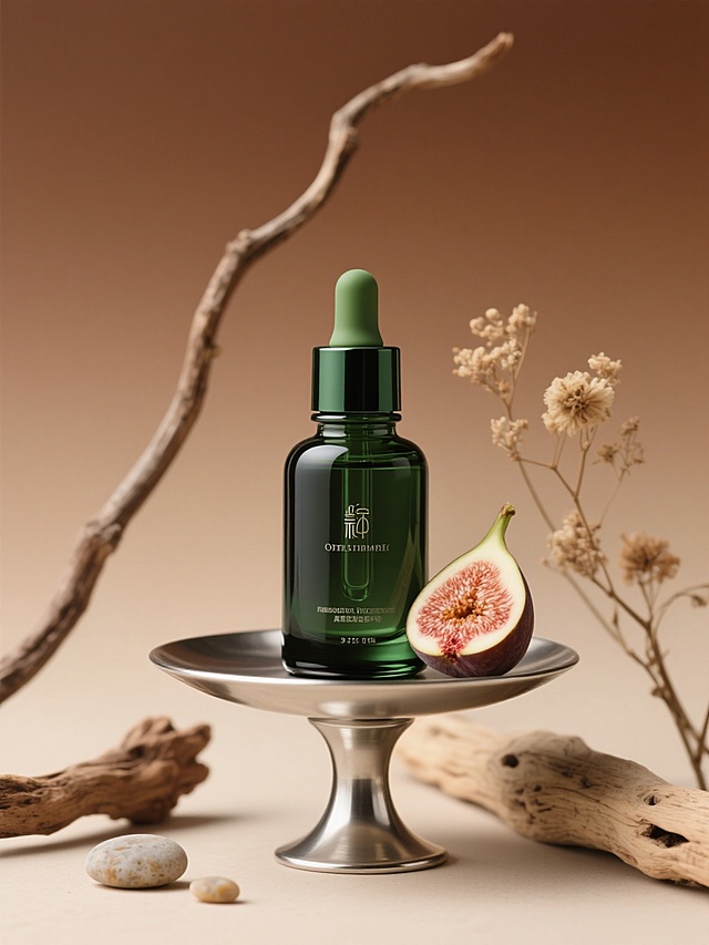 质朴感与清新感交融，金属托盘承载绿瓶精华，搭配无花果与枯枝，3D重拟物风呈现自然疗愈之美，简约主义中透出柔和舒适，实景感十足。