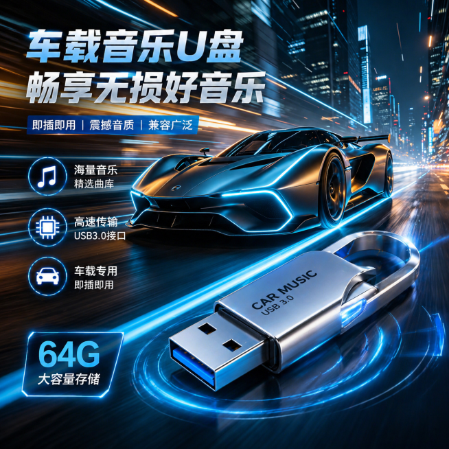 在这张赛博风城市夜景超跑行驶图的基础上，制作车载音乐U盘的电商主图，在画面合适的前景位置放置一个小巧精致的金属质感车载音乐U盘，和整体赛博科技蓝的风格融合，保留动态 blur 速度感，内容丰富，突出产预览效果