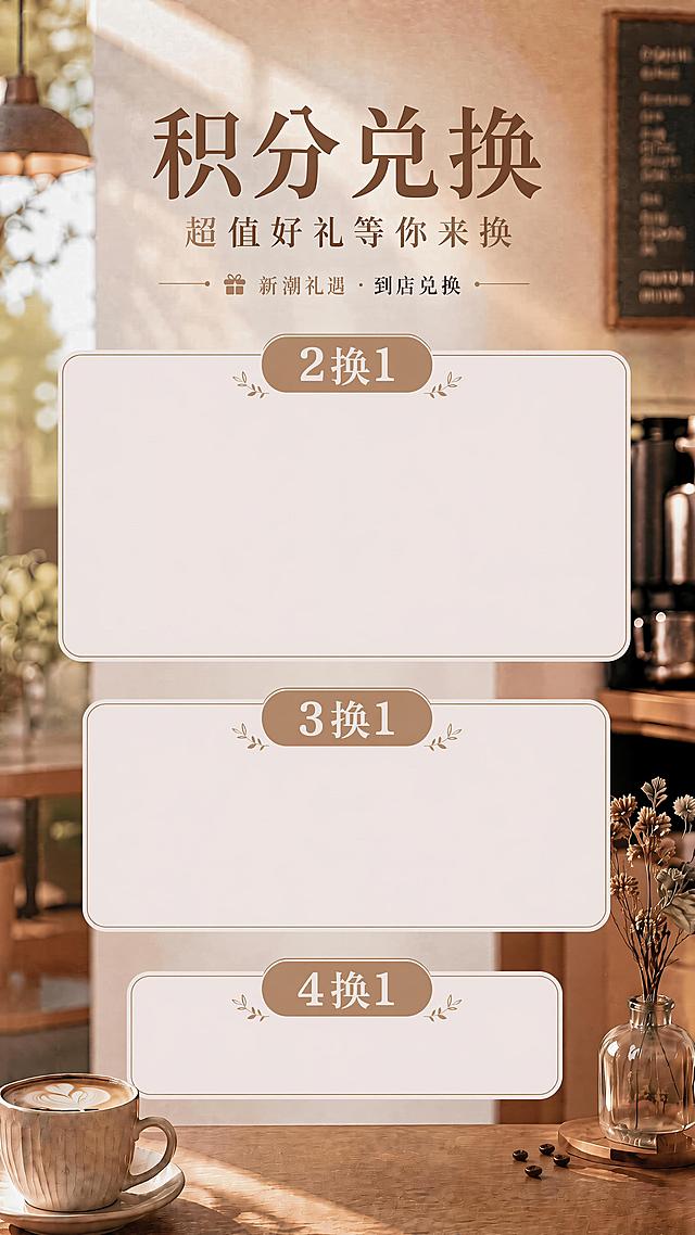 基于当前海报调整留白尺寸：保持2换1当前大小不变，将3换1调整为比2换1小，将4换1调整为比3换1小，形成从上到下依次递减的留白大小梯度，保留整体布局、风格、文案和咖啡店背景不变，依然是9:16竖版