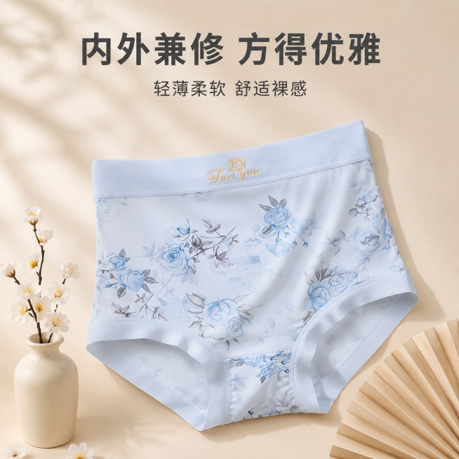 [单张主图] 蓝玫瑰印花女士高腰内裤，高级氛围感主图，复刻参考图版式风格制作淘宝电商主图。
[参考比对] 参考图为中轴诗意氛围版式：顶部居中放置主标题文案，产品斜向放置在中下部，左侧点缀花瓶花枝道具，预览效果