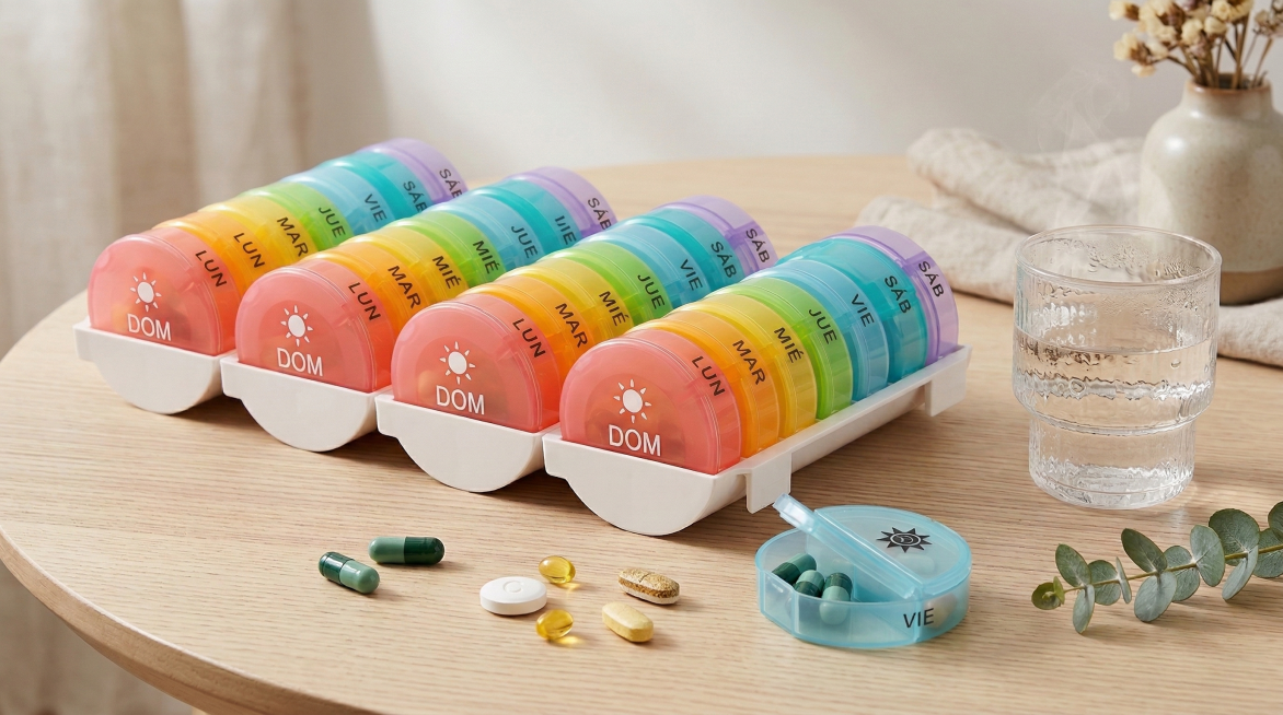 以图中的彩色月度药盒为主体，药盒上的标识替换为西班牙语，摆放在简约的北欧风格桌面上，旁边放着维生素片和一杯温水，药盒原有外观特征不变，整体风格温暖治愈，适合家庭健康类宣传。预览效果