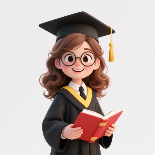 3D卡通风格毕业照，年轻女性毕业生，棕色卷发，戴着圆形眼镜，眼神明亮，面带灿烂微笑，穿着黑色毕业礼服和学位帽，黄色流苏垂在右侧，内搭白色衬衫和黑色领带，双手捧着一本红色封面的厚书，整体造型可爱生动，色彩鲜明，光影柔和，细节精致，立体感强，背景为纯白色。预览效果
