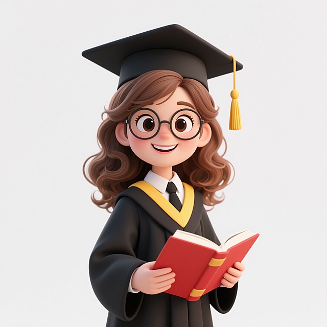 3D卡通风格毕业照，年轻女性毕业生，棕色卷发，戴着圆形眼镜，眼神明亮，面带灿烂微笑，穿着黑色毕业礼服和学位帽，黄色流苏垂在右侧，内搭白色衬衫和黑色领带，双手捧着一本红色封面的厚书，整体造型可爱生动，色彩鲜明，光影柔和，细节精致，立体感强，背景为纯白色。
