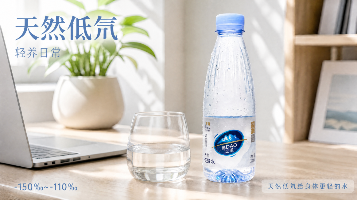 超写实商业产品摄影。
主体：瓶装饮用水严格参照上传产品图，完整保留所有可见组件、部件、轮廓、结构、比例、材质、颜色与产品本体上的文字信息（logo/型号/规格/参数等），与上传图完全一致；清除产品本体预览效果