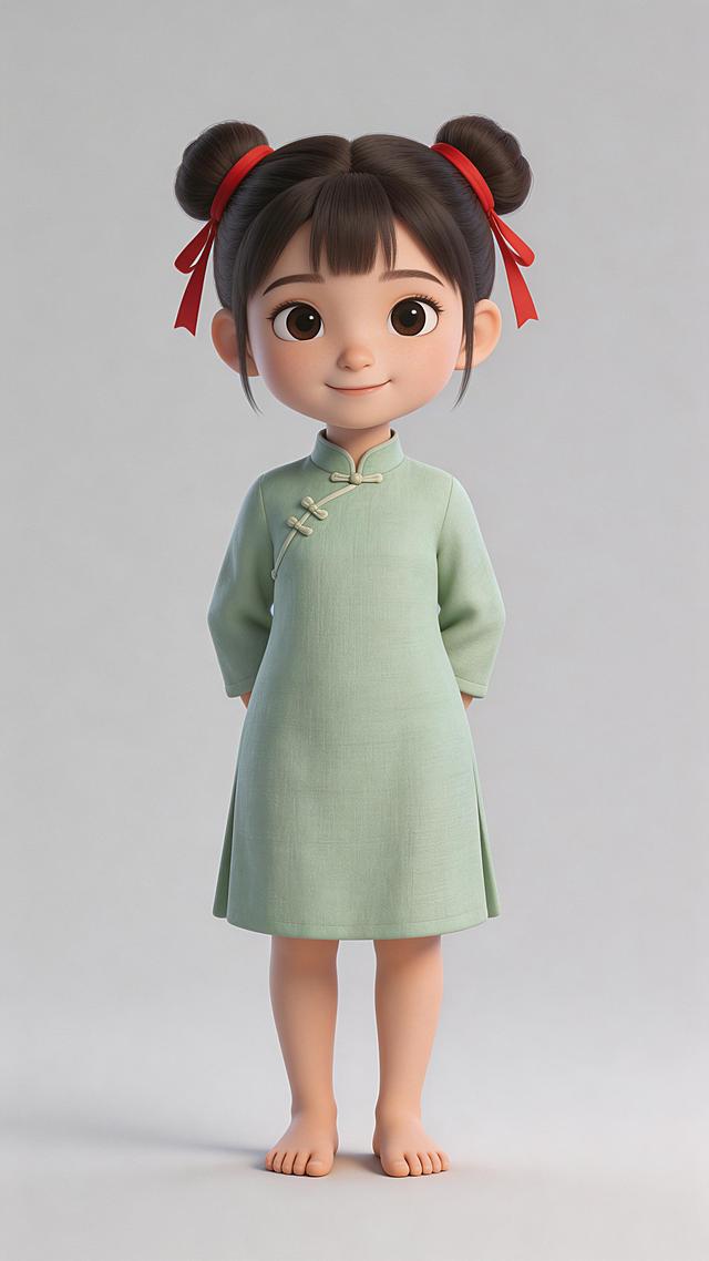 全身照，正视图，灰色背景3D动画风格，纹理细腻，全身站立，严格6:8头身比例，体态匀称，腿部修长，东方人体比例，精准稳定。十岁东方女童，圆脸，大眼睛，眼神聪慧灵动，身穿浅绿色对襟童裙，双丫髻系红色发带，双手背在身后，微微踮脚，天真活泼站立