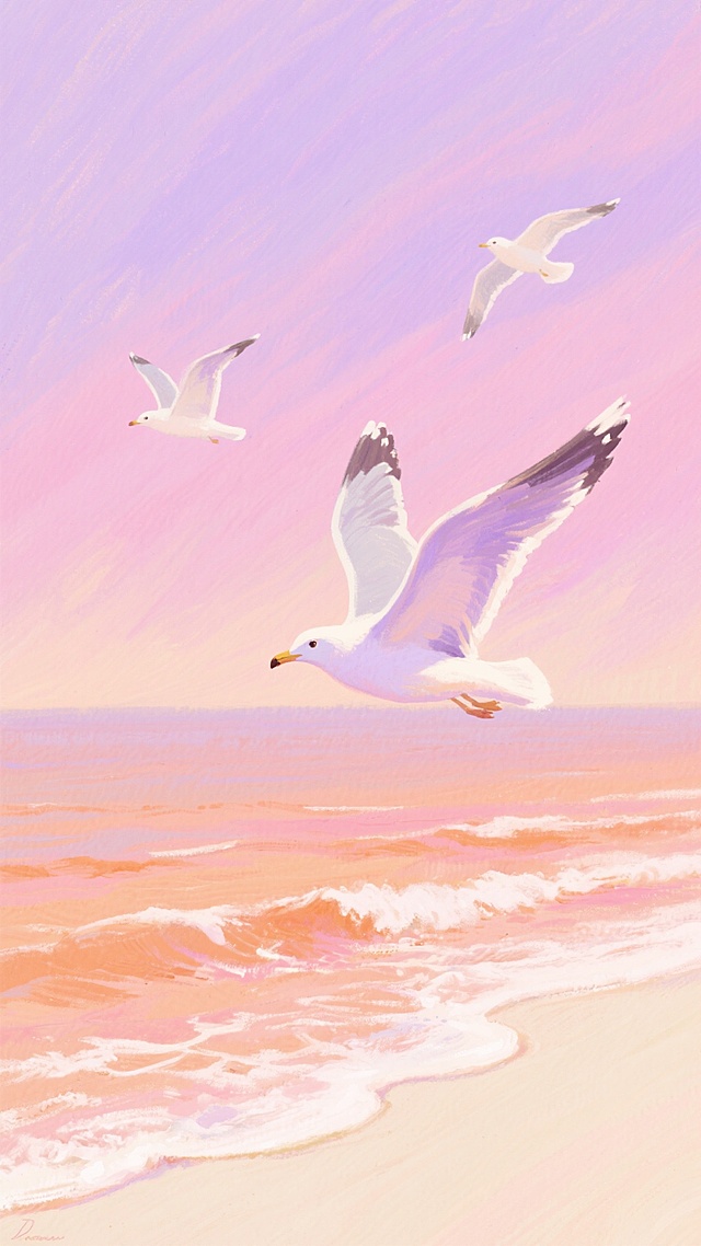 印象派风格插画，画面以柔和的粉紫色天空为背景，下方是渐变的淡橙色海面与米白色沙滩，海浪呈现出温暖的橘粉色浪花，三只姿态各异的海鸥在天空中飞翔，其中前景海鸥翅膀带有淡紫色渐变，整体色调温暖浪漫，笔触呈现出明显的油画质感，色彩融合自然，光影柔和，营造出宁静而梦幻的海边氛围。