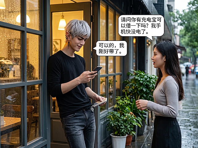 完全不改变人物发型和面部五官（均匀窄鹅蛋脸型），保持原图建模近真风格不变。中远景构图，一位银白色短发、尖耳、佩戴黑色十字耳饰的年轻男子在咖啡馆门口等雨停，他穿着黑色长袖上衣和深色牛仔裤，气质高双商、理性偏外向、内在沉稳温柔，正靠在门边翻看手机，旁边有同样躲雨的女生主动搭话借充电器，他礼貌回应。雨天的文艺咖啡馆门口，有绿植和暖黄灯光，玻璃上有雨珠，街道湿漉漉。画面中加入中文对话气泡，女生说：“请问你有充电宝可以借一下吗？我手机快没电了。” 男子说：“可以的，我刚好带了。” 4:3比例，2K分辨率