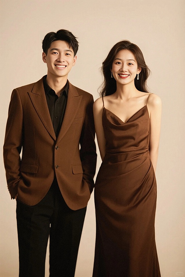 男生在左，女生在右，男生身穿棕色西装，女生身穿棕色礼服，米色背景，高清半身人像，人物自然微笑，大光圈