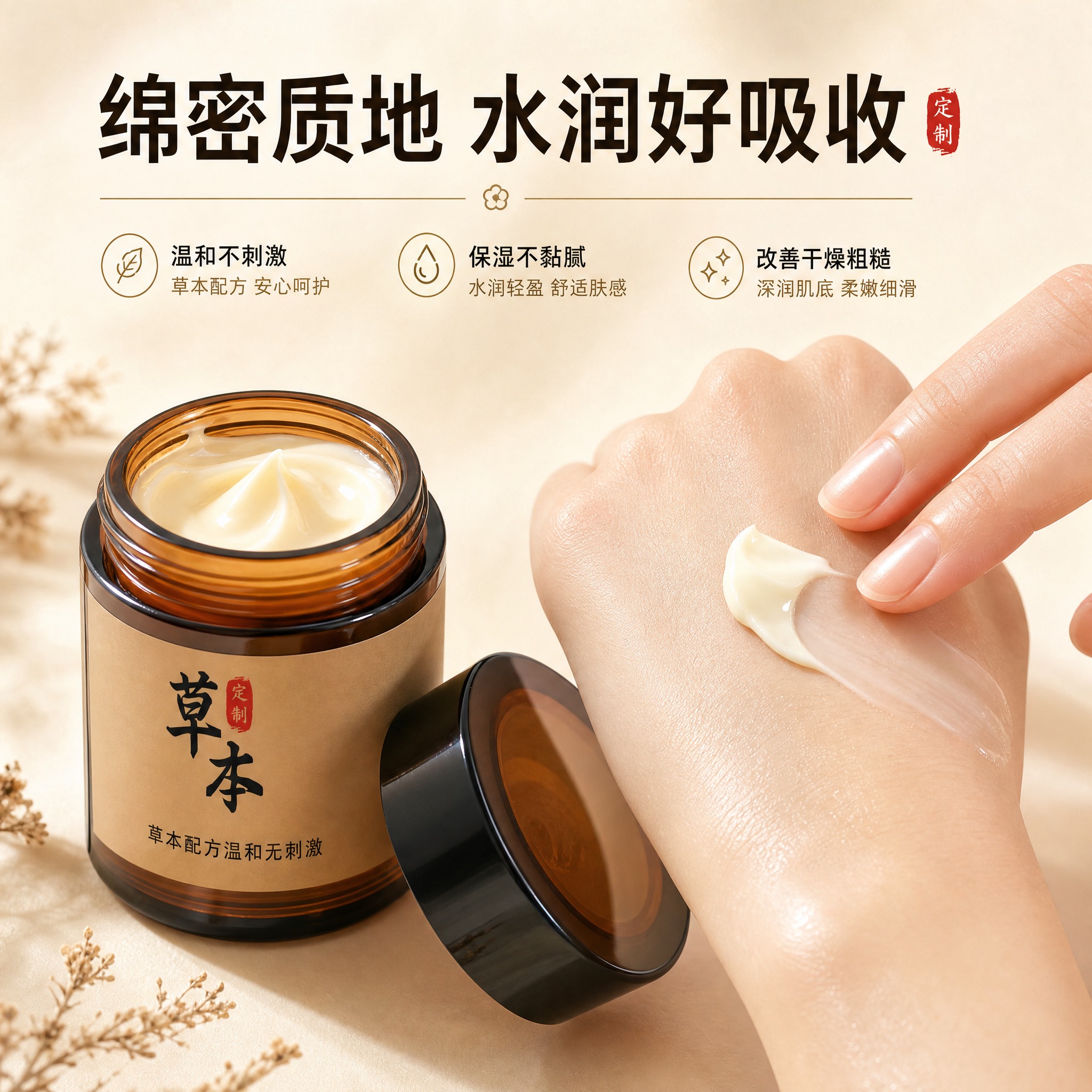 [主图-3] 质地与肤感展示，展示妃蜜诗草本定制乳霜的细腻质地… - 图片创意预览