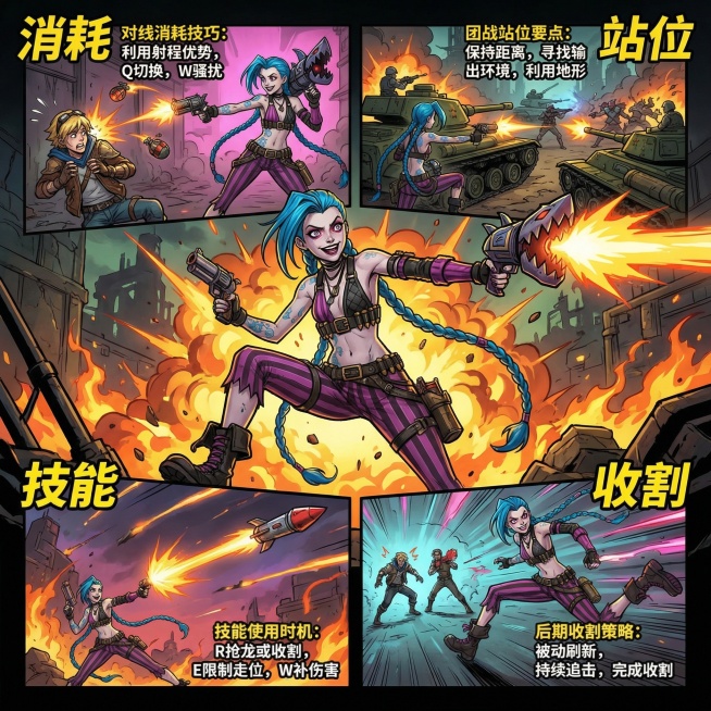 我想通过三张图片来介绍英雄联盟中的金克丝这个英雄的玩法以及攻略，要求生成的图片整体排版要有创业，完全符合英雄联盟这个游戏背景预览效果