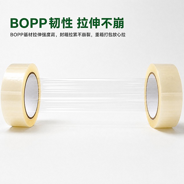 [商品] 使用【图1】透明米黄色封箱胶带，保留胶带卷的圆柱形态、纸芯内环棕色结构、胶带层叠纹理和光泽质感；透明胶带被绷直拉伸，展现张力线条。
[画面] 页面目标：突出BOPP韧性、拉伸不崩的特性。构图：左上标题区占20%，主体区占80%，画面中两卷胶带分别位于左右两侧，中间是一段被绷直拉紧的透明胶带，胶带呈水平直线，展现张力感。胶带绷直的线条为画面主角，光线突出胶带的张力和透明质感。背景纯净简洁，方形构图左右平衡。
[视觉] 套系策略：风格=清新通透的超写实商业摄影风格；标题字=黑体加粗60px；正文字=黑体36px；主色=浅灰#F5F5F5；背景延展=浅灰#F5F5F5干净背景；强调色=绿色#00611B，仅用于标题；标题色=#00611B；正文色=#333333；组件=简洁留白；光影=明亮定向光突出胶带张力线条、浅景深，透明胶带有细腻的光泽反光；产品彩色仅来自胶带本身的透明微黄，其余一律中性灰白。
[文字] 左上主标题「BOPP韧性 拉伸不崩」（#00611B·60px·加粗）；标题下方小字注释「BOPP基材拉伸强度高，封箱拉紧不崩裂，重箱打包放心拉」（#333333·36px）；所有文字横向排版，不遮挡胶带张力线条主体。
[规格] 图片比例1:1方形，1000x1000px，4K分辨率，负向提示：避免变形、避免文字印在产品上、避免出现极限词或平台Logo、避免胶带断裂画面。