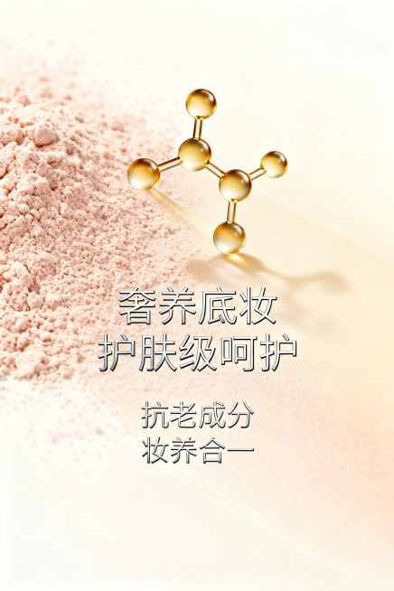 护肤概念可视化杂志风，不展示完整产品，用渐变金色的抗糖化分子图标搭配细腻粉饼纹理，可视化「护肤型彩妆」概念，主标题「奢养底妆 护肤级呵护」，副标题「抗老成分 妆养合一」，背景为浅米色柔焦渐变，文字采用预览效果