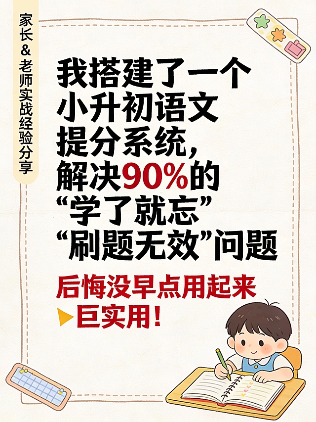 一张小红书风格的竖版海报，3:4比例，背景为米白色纸张纹理，左上角有“家长 & 老师实战经验分享”竖排文字。中央大字写着：“我搭建了一个小升初语文提分系统，解决90%的‘学了就忘’‘刷题无效’问题”。下方红色字体：“后悔没早点用起来😱巨实用！”右下角有一个卡通小学生在写作业，旁边放着一本打开的计划本，整体风格温馨、手绘感强，带有贴纸装饰边框，无任何营销感。
