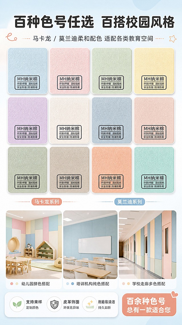 [商品] 使用【图4】灰色皮革饰面纳米棉样品；商品处理：保留皮革荔枝纹饰面质感、纳米棉芯材、MH纳米棉标识文字，清晰化纹理。展示多种马卡龙/莫兰迪色系皮革饰面效果，材质纹理保持一致，仅颜色变化。
[画面] 目标：多色饰面效果展示，突出百余种色号可选、适配校园装修设计。构图：上方为色卡矩阵展示（3行4列共12种代表色，涵盖马卡龙浅蓝、浅粉、浅绿、浅黄、浅紫、米白、莫兰迪灰蓝、灰粉、灰绿、奶咖、浅橙、薄荷绿等），每块色卡为皮革饰面质感；下方为3张小场景效果图（幼儿园拼色、培训机构纯色、学校走廊），展示不同颜色上墙效果。产品占画面约60%，色彩丰富柔和。阅读动线：顶部主标题→色卡矩阵→下方场景小图→底部说明。前中后景：前景色卡，中景场景小图，后景柔和渐变背景。
[视觉] 套系策略：风格=温馨教育风商业摄影，柔和明亮，适合幼儿少儿人群；标题字=圆润粗黑体，亲和有力；正文字=简洁无衬线体，清晰易读；主色=马卡龙浅蓝+奶油白；背景延展=基于马卡龙浅蓝做深浅渐变、柔和雾感和细腻纸面质感；强调色=暖橙粉，仅用于小面积图标、引线、标签和重点高亮；标题色=深暖灰；正文色=中暖灰；组件=圆角浅底信息卡、细线引线、可爱图标；光影=左前侧柔和漫射光，整体明亮通透，无硬阴影。
[文字] 顶部主标题「百种色号任选 百搭校园风格」，副标题「马卡龙 / 莫兰迪柔和配色 适配各类教育空间」。色卡下方标注「马卡龙系列」「莫兰迪系列」分区。底部文字「支持来样定制颜色 · 皮革饰面环保无异味 · 耐磨易清洁」，右侧强调色标签「百余种色号 总有一款适合您」。
[规格] 图片比例9:16竖版，4K分辨率，quality=medium。避免变形、错字、文字过小、颜色失真、材质质感丢失、出现平台logo水印。