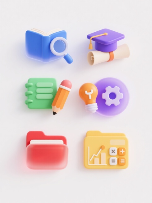 六组学习主题相关的3D图标，每个图标均采用半透明渐变材质，具有柔和的高光和细腻的阴影效果，保持与原图一致的圆润边角和立体感。图标颜色分别为蓝色、绿色、橙色、紫色、红色和黄色。图标内容从左到右、从上到下依次为：蓝色打开的书本配放大镜，绿色铅笔与笔记本，橙色灯泡与齿轮，紫色毕业帽与卷轴，红色文件夹与文件，黄色计算器与图表。所有图标在纯白色背景上呈2行3列整齐排列，间距均匀，整体视觉风格统一，传达出……预览效果