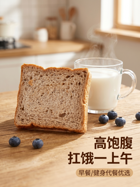 [主图-4]早餐食用场景展示，氛围风格温馨日常食欲感，画质商业摄影质感、光线柔和通透、产品清晰真实、画面干净高级。元素一片奇亚籽全麦面包放在木质早餐餐桌上，搭配一杯透明热牛奶和几颗新鲜蓝莓，面包叠放整预览效果