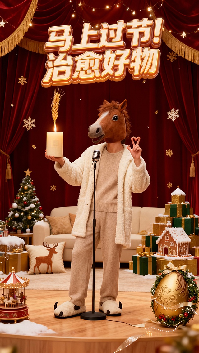 拟人风3D角色手持烛光，毛发生长细节细腻，鎏金元素点缀节日场景，喜庆温馨中透出趣味，营造治愈系圣诞氛围。