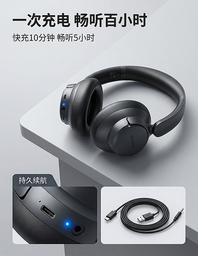 [垫图] https://gd-ai-fts.dancf.com/35829908898170948/transfer/75b67e4f873b435d89c22fdc43f4d2394871872.png
[主图主题] BERIBES黑色头戴式蓝牙耳机续航能力卖点展示
[氛围/风格] 简约科技风，现代数码产品展示，专业商业棚拍光影
[画面元素] BERIBES黑色头戴式蓝牙耳机斜放在浅灰色哑光桌面上，底部叠加特写画中画：左侧特写Type-C充电接口，蓝色指示灯清晰点亮，右侧展示包装内配件充电线和音频线整齐摆放，光影统一，背景铺满全屏无边框
[配色色系] 主色调：深邃黑、高级灰；辅助色：蓝色指示灯点缀
[视角构图] 斜侧俯视，主体耳机位于画面右上，细节图位于左下
[文字版式] 主标题 "一次充电 畅听百小时"，副标题 "快充10分钟 畅听5小时"，左下角深灰标签 "持久续航"。上部70%区域展示耳机主体，下部30%区域分两格展示细节，信息层级分明，文字悬浮在左上留白处，无衬线白色字体，不遮挡主体。