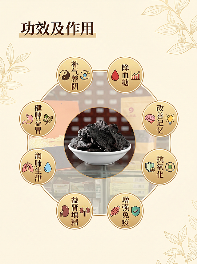 生成九蒸九晒黄精产品的功效介绍图，整体风格高级明亮，突出产品，效果真实，包含标题"功效及作用"，中心展示黄精实物，周围列出补气养阴、降血糖、健脾益胃、改善记忆、润肺生津、抗氧化、益肾填精、增强免疫这些功效