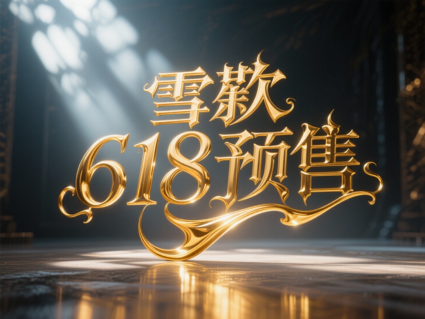主标题”618预售"，艺术字体设计，要求哥特风格，笔画硬朗，大气磅礴，字体金色流体效果，雪儿字体笔画巧妙延长设计变形，电影空间背景预览效果