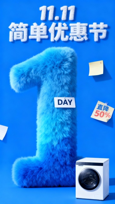 主视觉为一个蓝色渐变毛绒材质的“1” ，“DAY”标签位于数字“1”上，商品位于画面右下角，背景是高饱和蓝色结合便签纸元素，画面上方为毛绒主标题“11.11 简单优惠节”，“直降50%”便利贴装饰。预览效果
