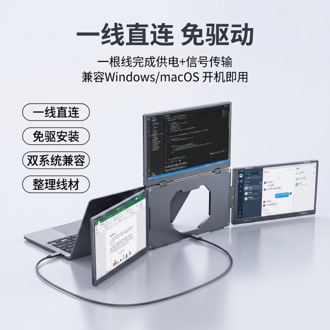 将笔记本挪到便携显示器前方，让笔记本轻轻贴合拼接便携显示器，保持一根Type-C线连接不变，同时点亮所有三个便携屏幕和笔记本屏幕，每个屏幕显示不同的工作内容：主屏放代码，左屏放文档，右屏放聊天窗口，笔预览效果