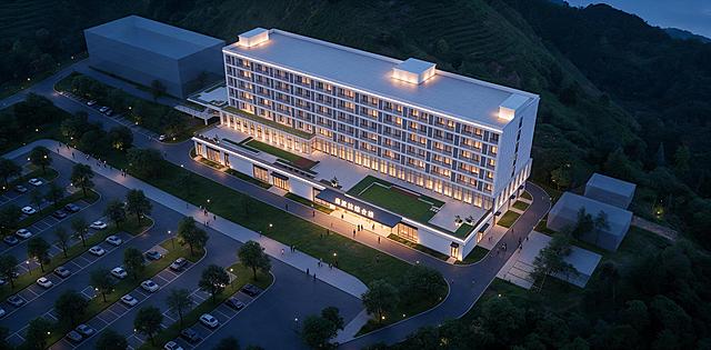 8K 超写实建筑效果图，Octane 渲染，鸟瞰俯视视角，蓝调黄昏时刻，冷暖光影对比。主体是“森波拉综合楼”，现代简约长方形板式七层高楼，外立面白色石材外墙搭配大面积竖向玻璃窗，每层排布规整统一的阳台，平顶屋面，建筑底层主入口带有雨棚门头，雨棚上有发光标识写着“森波拉综合楼”，屋顶两处设备机房建筑外墙用洗墙灯点亮。建筑左侧大面积露天沥青停车场，整齐规划停车位，道路两边有小的景观路灯，停放少量写实家用小汽车，车辆错落分布；停车位之间与周边绿化带种植成排高大乔木，绿树成荫，树形饱满。场地内部铺设沥青车行道路，沿路绿化草坪，道路与建筑入口处点缀少量行走的小人，尺度比例正常自然。场地后方连绵起伏的自然原生山体，自然茂密山林坡地，山坡覆盖浓密的原生绿色植被，场地周边分布几栋灰色微微透明的低层配套附属建筑。建筑添加室内场景，建筑所有客房窗户、底层大堂透出温馨暖黄色室内灯光，建筑轮廓灯带点亮，夜景灯光层次丰富，环境静谧高级，路面材质清晰，画面构图完整，建筑透视准确，建筑与山地环境自然融合，写实照片级质感，保证鸟瞰构图角度不变，建筑不变形，不生成天空。