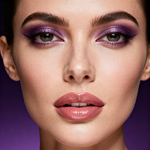 1500×1500像素，欧美美女面部特写，白皙皮肤，精致立体五官，高级妆容，饱满性感嘴唇，魅惑眼神，氛围感强，深紫色渐变高级简约背景，构图适中脸部周围留有充足空间，整体高级诱惑，不露骨，完全符合平台规范，高清质感，商业摄影风格