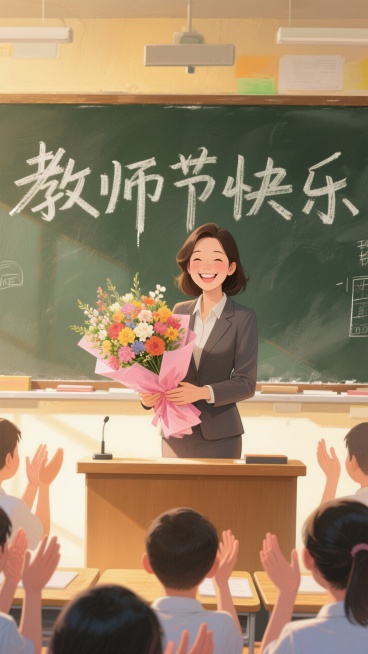 教室里，黑板上写着 “教师节快乐” ，一位笑容灿烂的女教师捧着粉色包装的一束花站在讲台上面对学生，学生鼓掌，暖黄色光影，正视，画面重心居下预览效果