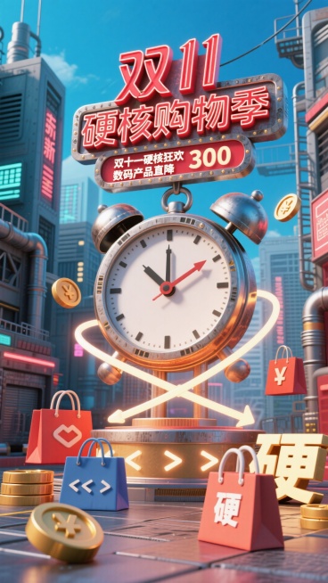 画面以巨型时钟敲打到 “双 11” 时钟造型装置为视觉核心，上方立着 “双 11 硬核购物季” 怀旧金属标题牌，搭配红色电光标注 “双十一硬核狂欢，数码产品直降 300”。场景里，时间线条的穿梭，周围预览效果