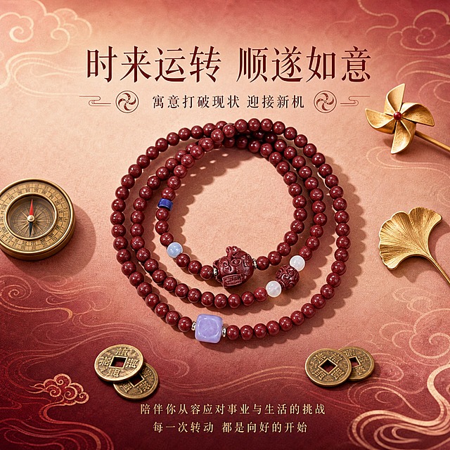 [商品] 使用【图1】紫金砂招财猫平安转运珠双圈手串；保留所有部件外观、颜色、材质和结构，不做任何二创修改。
[画面] 页面目标：时来运转美好寓意，国风吉祥意境。构图：手串呈螺旋状盘绕，如转运轮形态，位于画面中心。背景为酒红到裸粉渐变纸质感，叠加淡淡的祥云纹和水波纹暗纹。画面四周点缀：上方一个小风车配饰、左侧一个小罗盘配饰、右侧一片银杏叶、下方几枚小铜钱，营造运转流动的意象。景别：中景。阅读动线：螺旋式从中心向外。
[视觉] 套系策略：风格=高级国风珠宝商业摄影；标题字=纤细宋体类国风字体；正文字=简洁宋体；主色=酒红+裸粉渐变；背景延展=酒红到裸粉深浅渐变+纸质感肌理+祥云水波纹暗纹；强调色=亮金；标题色=深酒红色；正文色=米金色；组件=风车/转轮图标、祥云图标；光影=暖调柔光，有流动感的光影。
[文字] 画面上方居中：主标题"时来运转 顺遂如意"，副标题"寓意打破现状 迎接新机"；下方两行说明"陪伴你从容应对事业与生活的挑战""每一次转动 都是向好的开始"。配转轮线性图标。
[规格] 1:1正方形，2K分辨率，medium质量。负向：变形、错字、模糊、杂乱、水印、平台Logo、产品外观改变、迷信/开光宣传。