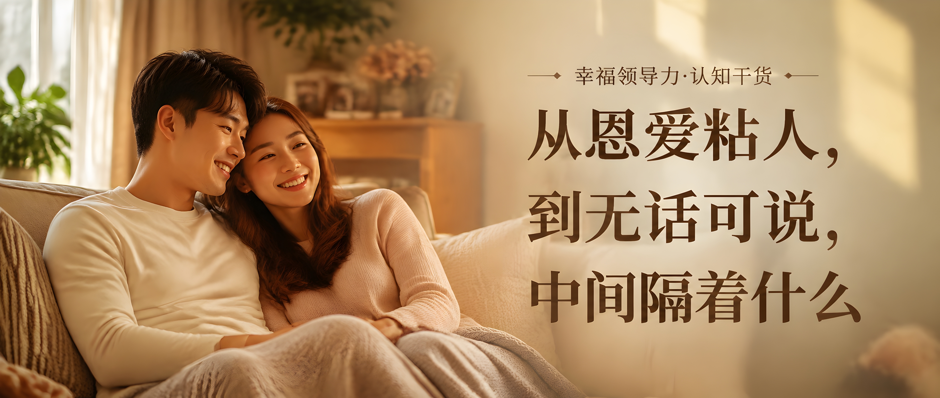 公众号封面图，真实摄影风格，温馨居家场景。画面左侧是一对情侣坐… - 图片创意预览