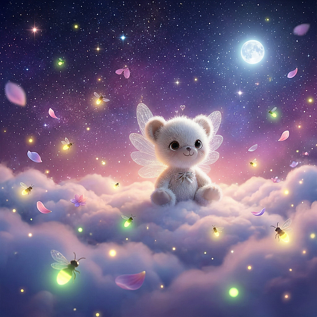 请给图片中的小熊加上梦幻的场景，让图片看起来更加生动自然